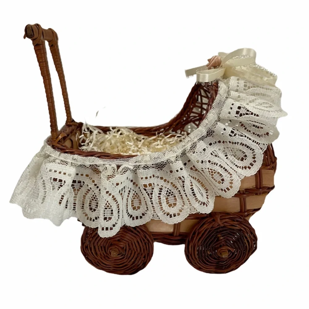 Vintage Basket Handcrafted Baby Carriage Ivory Lace Ribbon Rose Wicker Basket